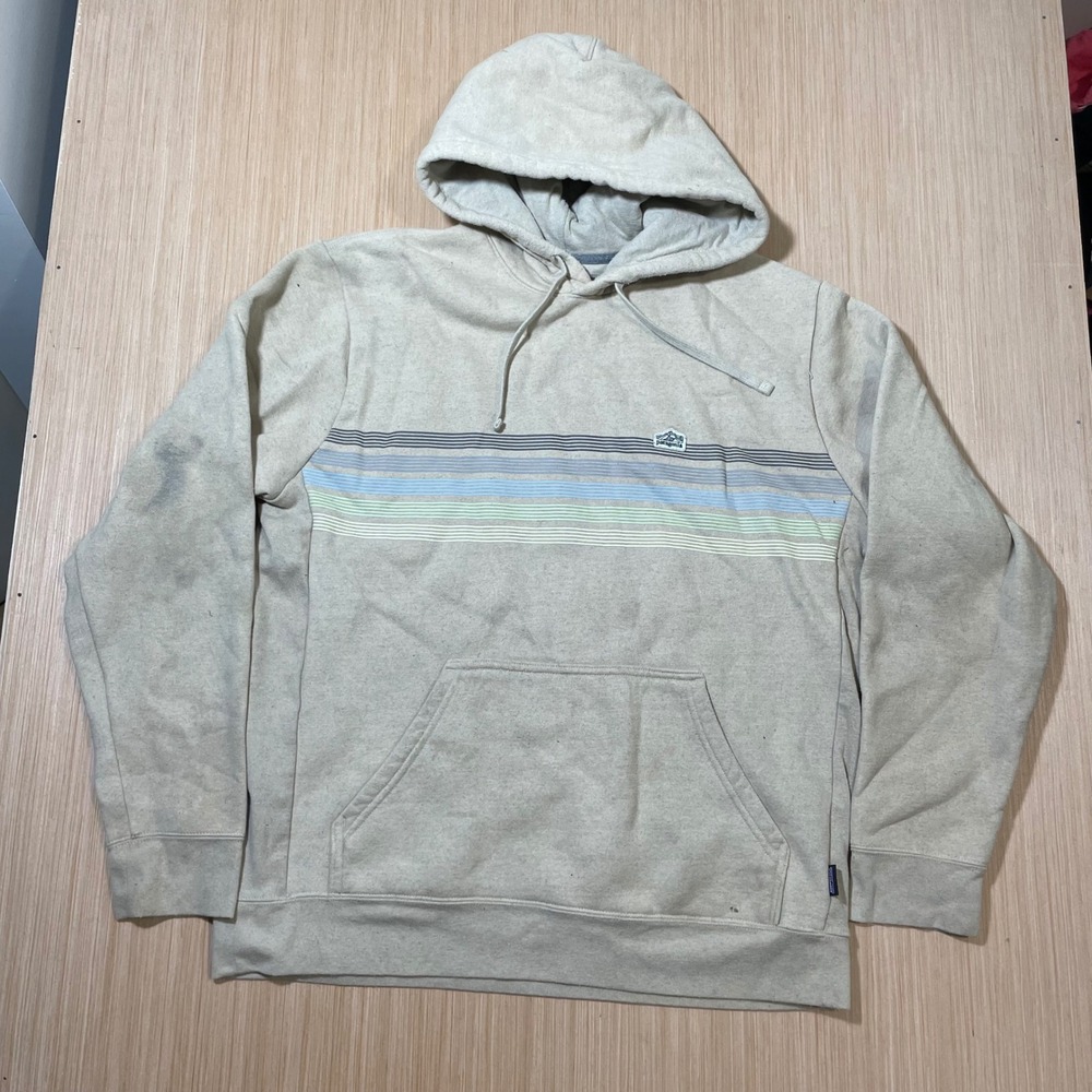 Patagonia Uprisal Hoodie Mens Large Oatmeal Heather Striped Graphic Pullover